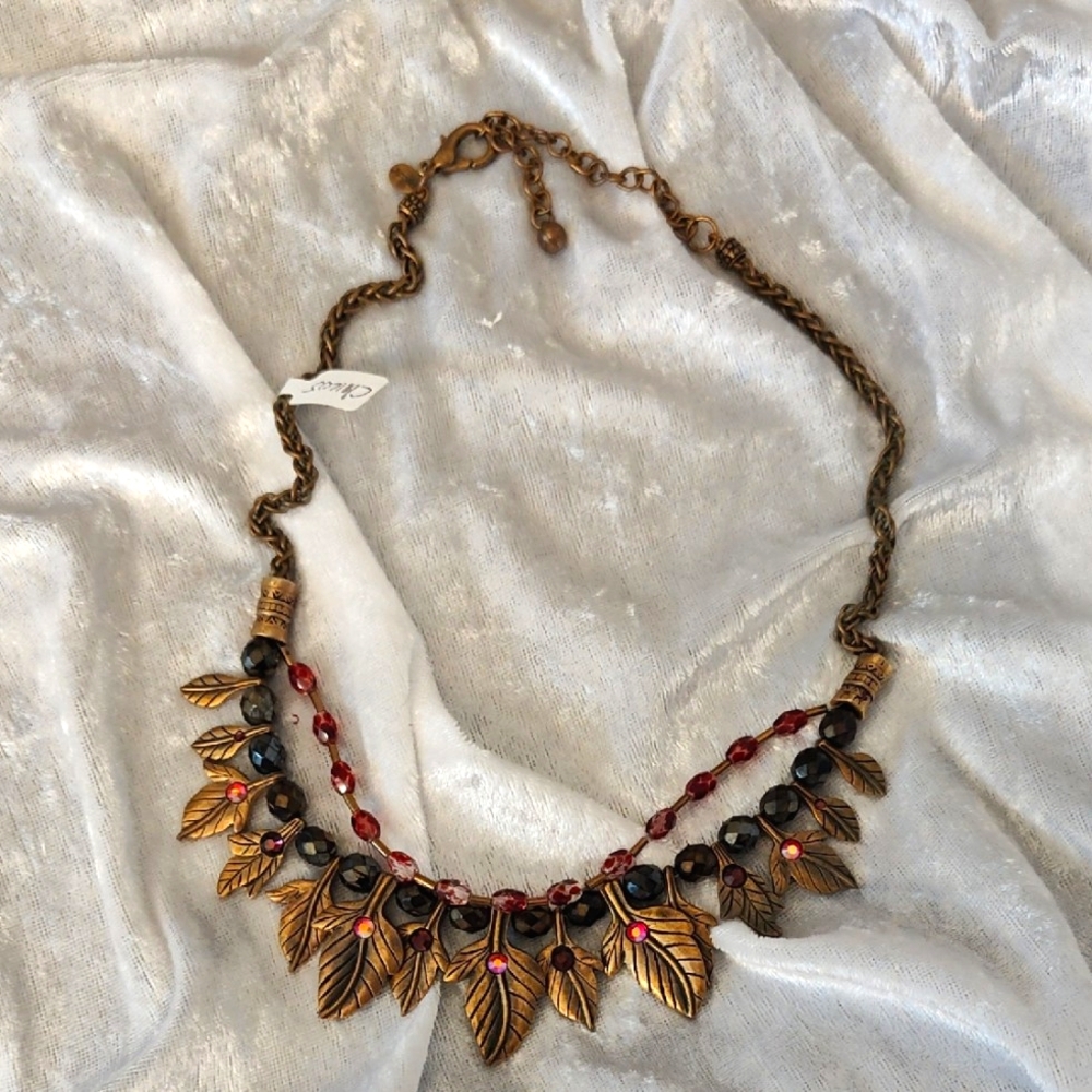 Chico's Gold Tone and AB Glass Beads Leaf Necklace